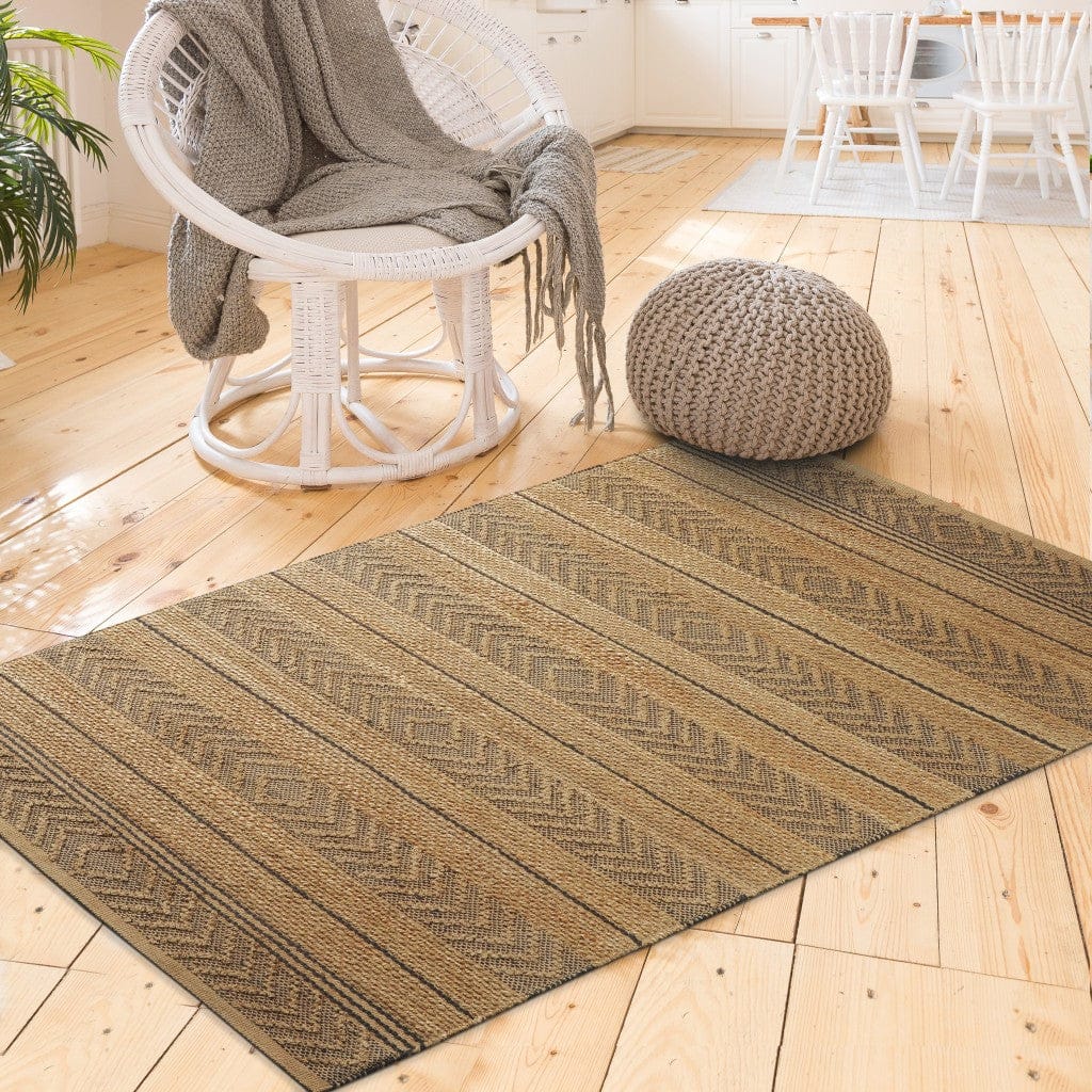 5’ x 8’ Tan and Gray Bohemian Striped Area Rug