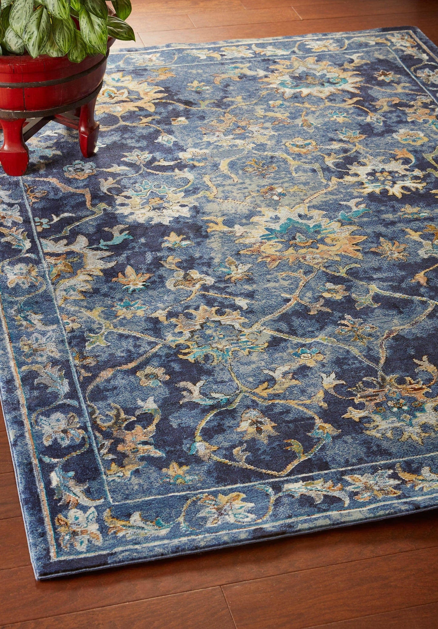 5’ x 8’ Blue and Gold Jacobean Area Rug