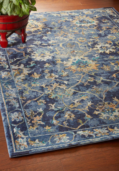 5’ x 8’ Blue and Gold Jacobean Area Rug