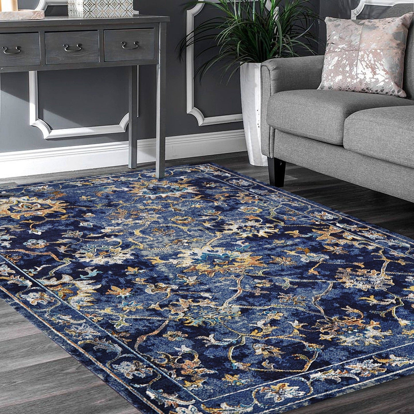 5’ x 8’ Blue and Gold Jacobean Area Rug