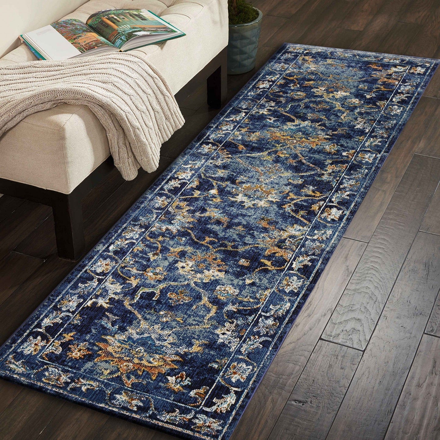 5’ x 8’ Blue and Gold Jacobean Area Rug