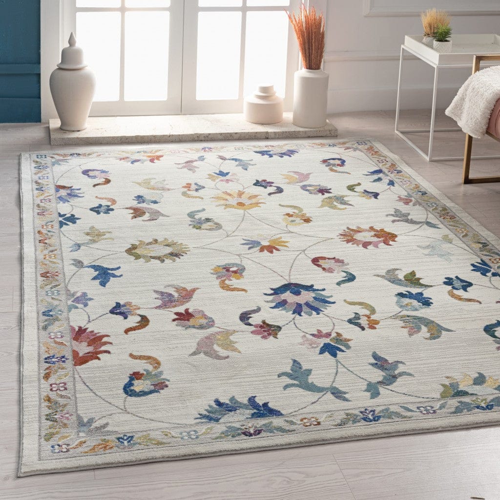 5’ x 8’ Ivory Jacobean Pattern Area Rug