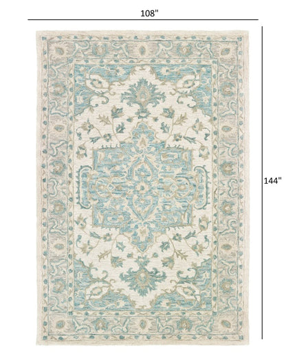 8’ x 10’ Turquoise and Cream Medallion Area Rug