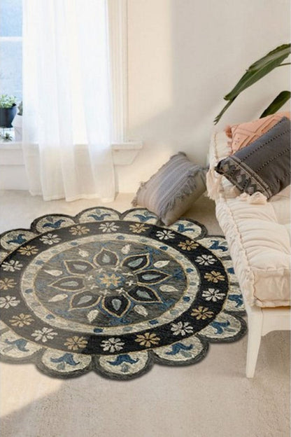 7’ Round Gray Border Floral Medallion Area Rug