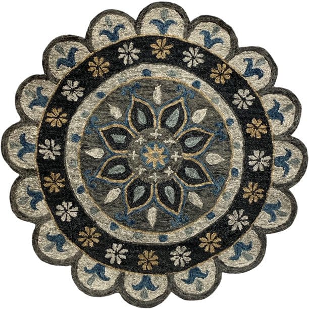 7’ Round Gray Border Floral Medallion Area Rug