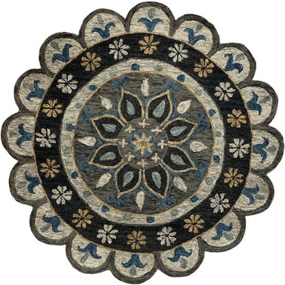 7’ Round Gray Border Floral Medallion Area Rug