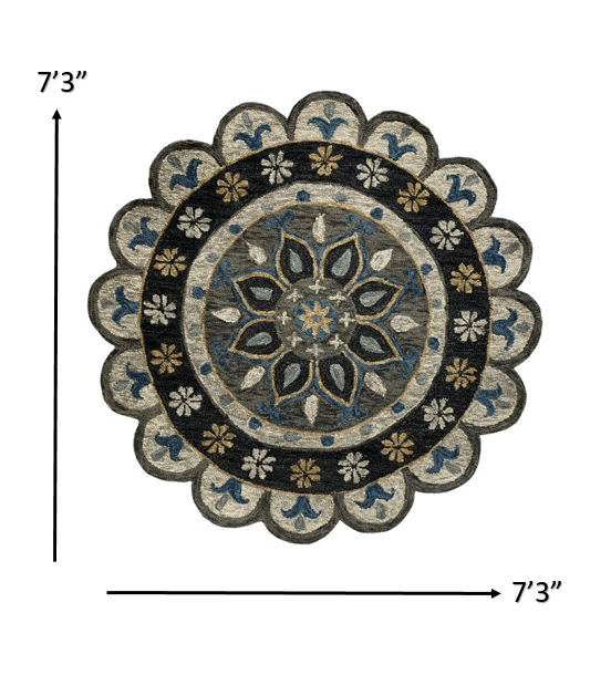 7’ Round Gray Border Floral Medallion Area Rug