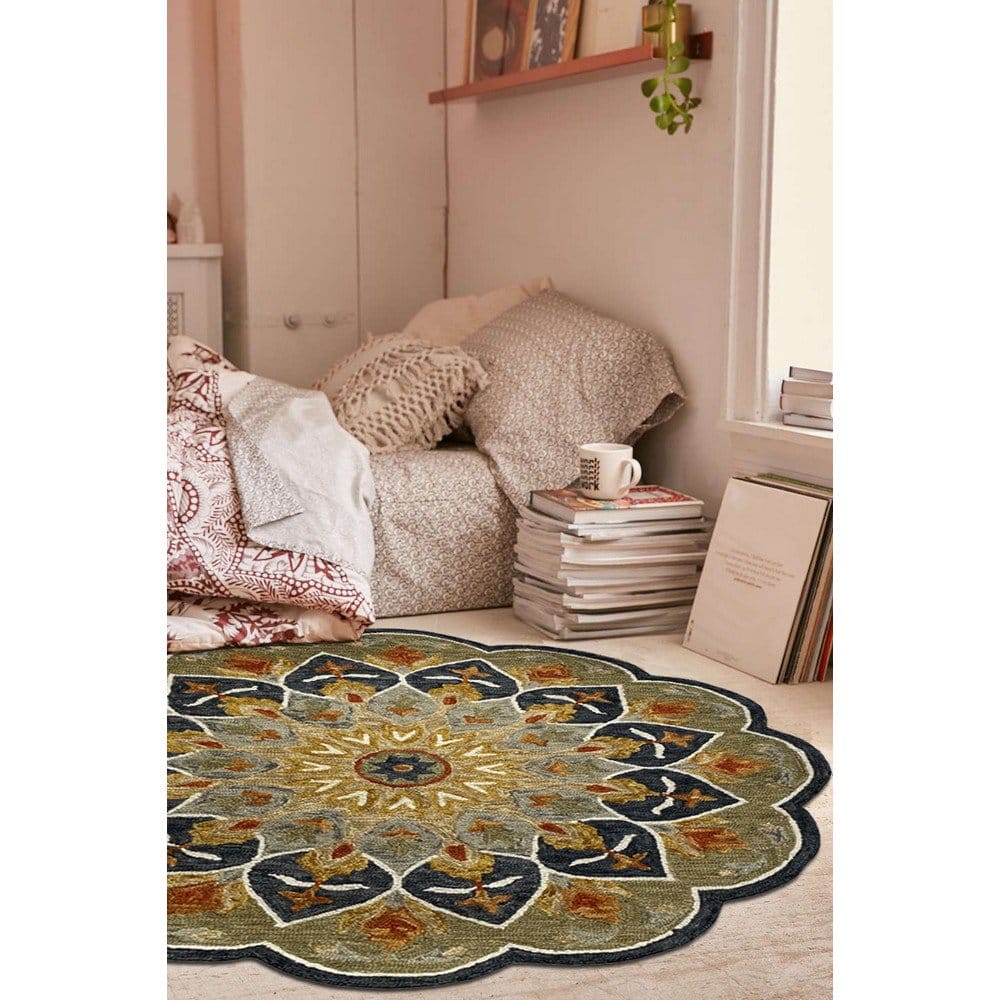 5’ Round Charcoal Floral Medallion Area Rug