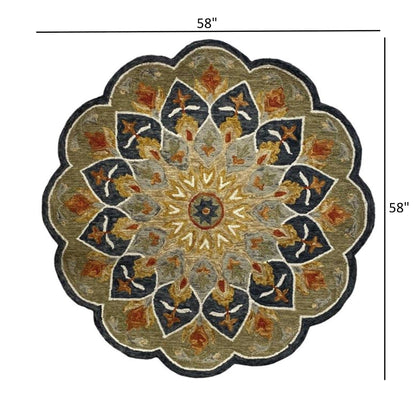 5’ Round Charcoal Floral Medallion Area Rug