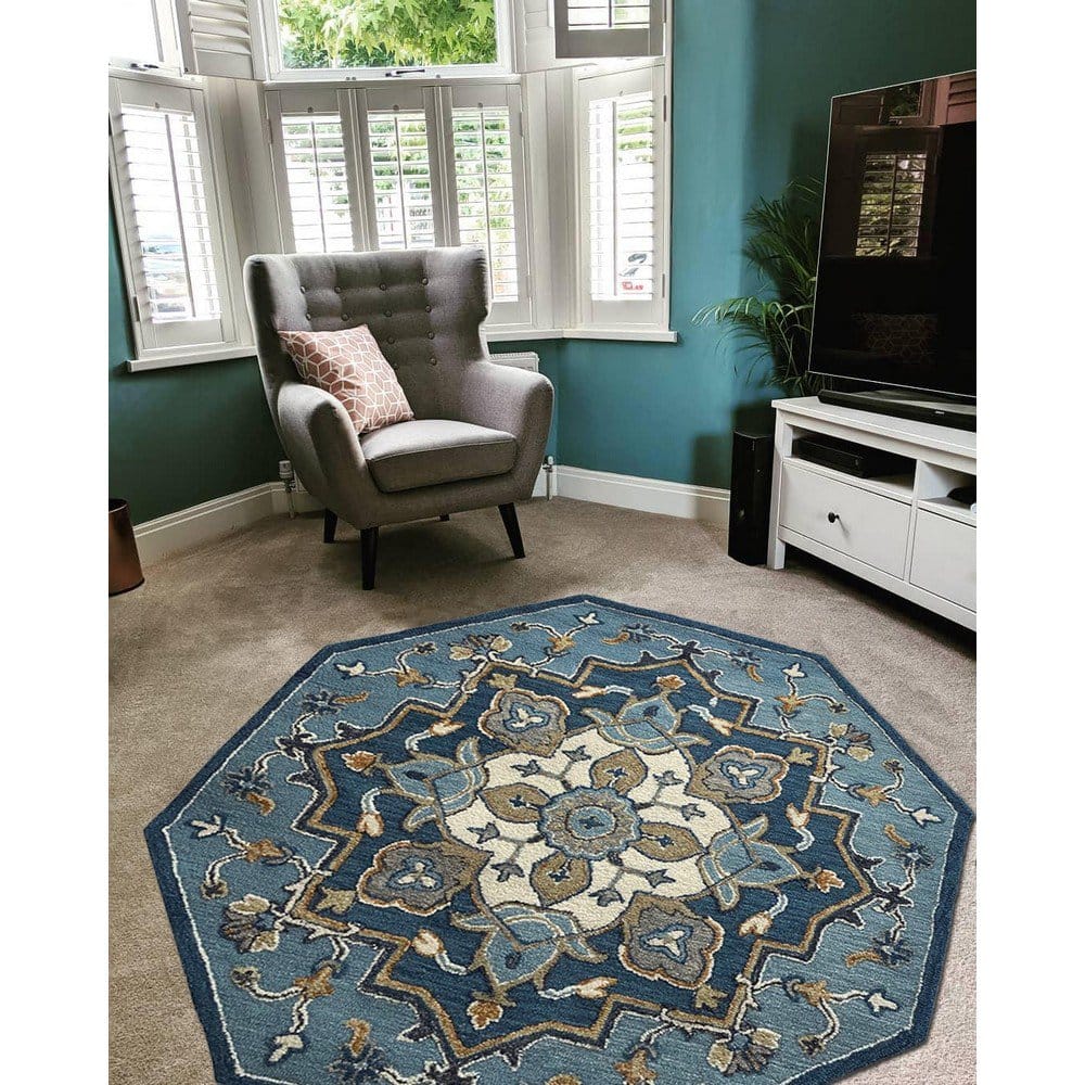 3’ Round Blue Traditional Medallion Area Rug