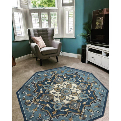 3’ Round Blue Traditional Medallion Area Rug