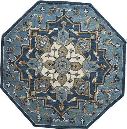 3’ Round Blue Traditional Medallion Area Rug