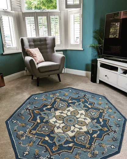 3’ Round Blue Traditional Medallion Area Rug