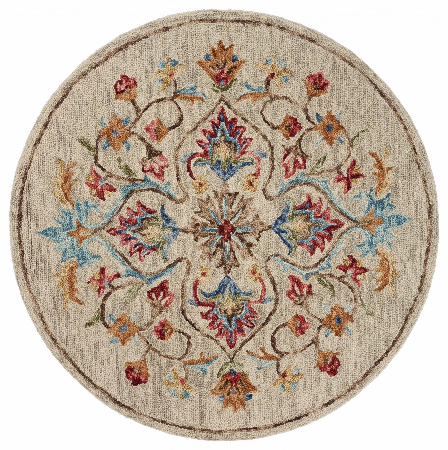 4’ Round Beige Floral Medallion Area Rug