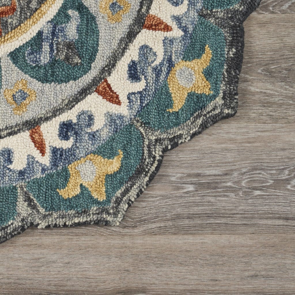 4’ Round Teal Decorative Floral Area Rug