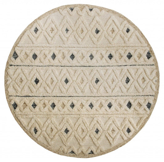 4’ Round Cream and Blue Stripe Diamond Area Rug