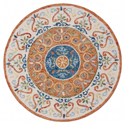 4’ Round Orange Traditional Medallion Area Rug