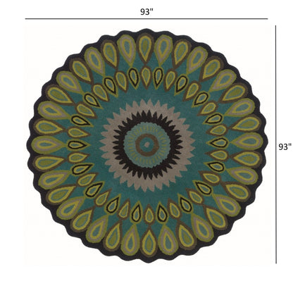 3’ Round Green Peacock Feather Area Rug