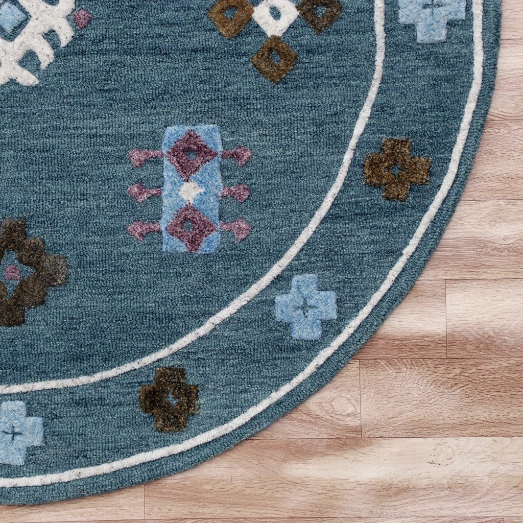 5’ Round Blue Bordered Motif Area Rug