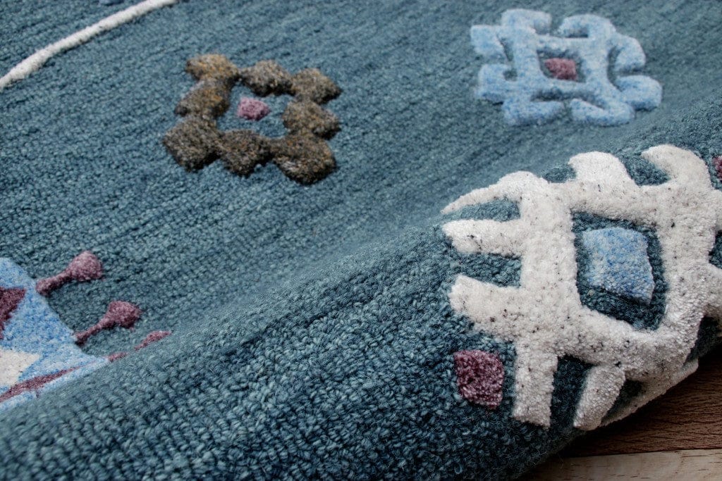 5’ Round Blue Bordered Motif Area Rug