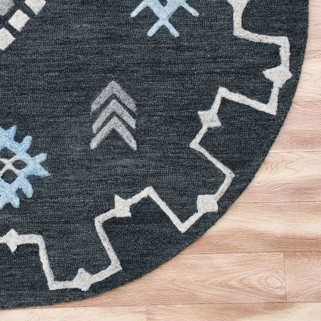 5’ Round Charcoal Geometric Border Area Rug