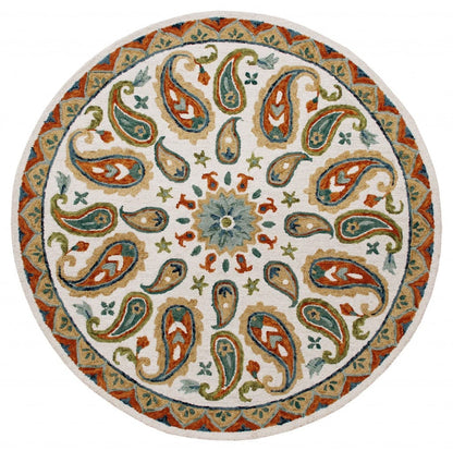 7’ Round Orange and White Paisley Area Rug