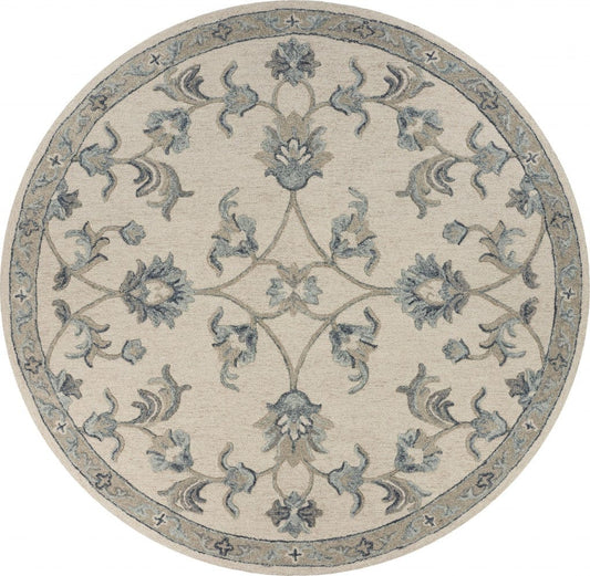 5’ Round Beige and Blue Filigree Area Rug