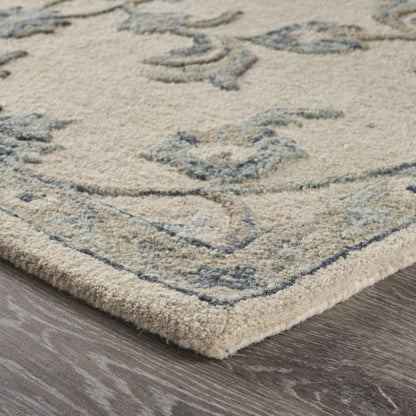 5’ Round Beige and Blue Filigree Area Rug