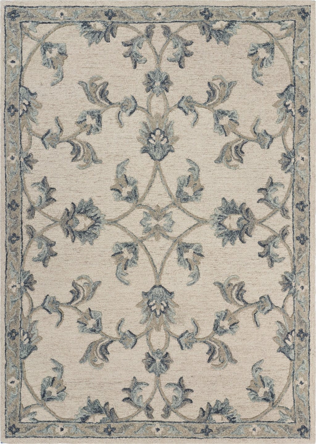 5’ Round Beige and Blue Filigree Area Rug