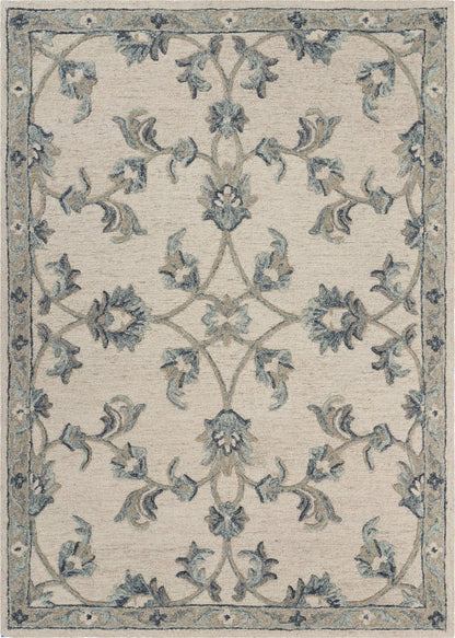 5’ Round Beige and Blue Filigree Area Rug