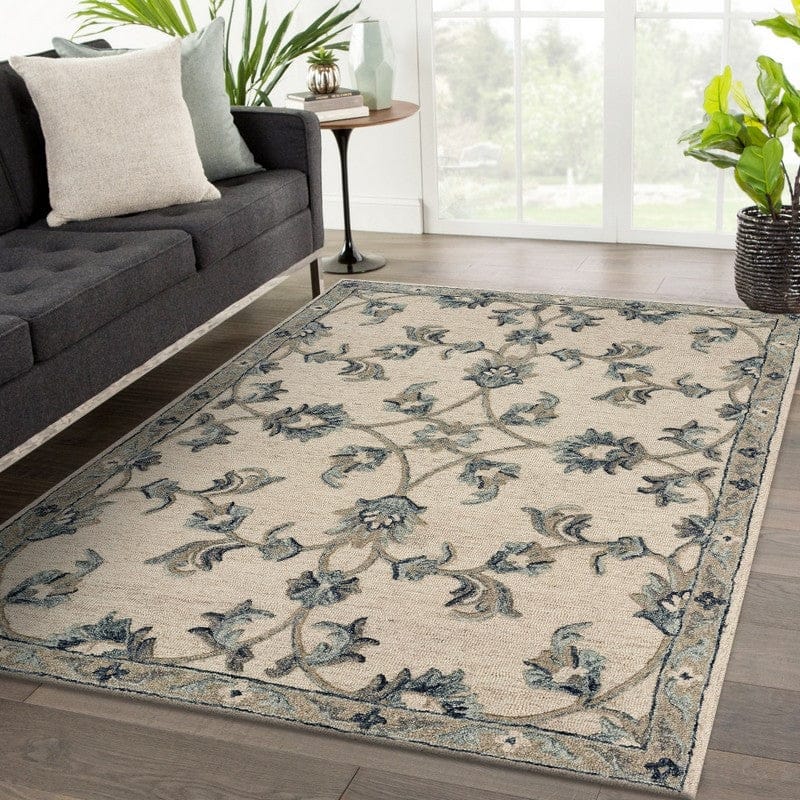 5’ Round Beige and Blue Filigree Area Rug