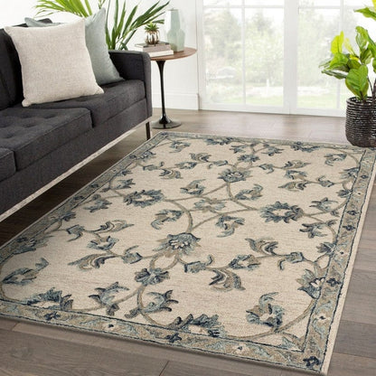 5’ Round Beige and Blue Filigree Area Rug