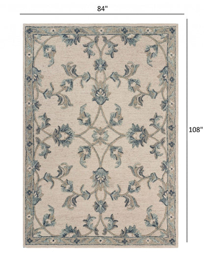 5’ Round Beige and Blue Filigree Area Rug