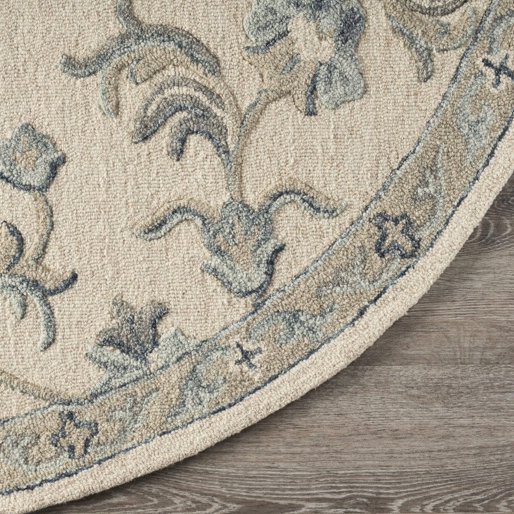 5’ Round Beige and Blue Filigree Area Rug