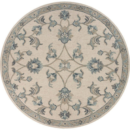 5’ Round Beige and Blue Filigree Area Rug
