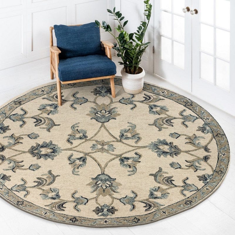 5’ Round Beige and Blue Filigree Area Rug