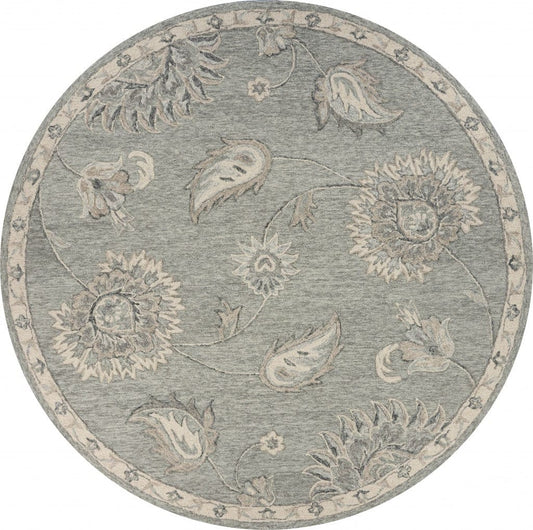 5’ Round Light Gray Floral Area Rug
