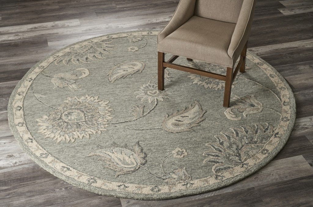 5’ Round Light Gray Floral Area Rug