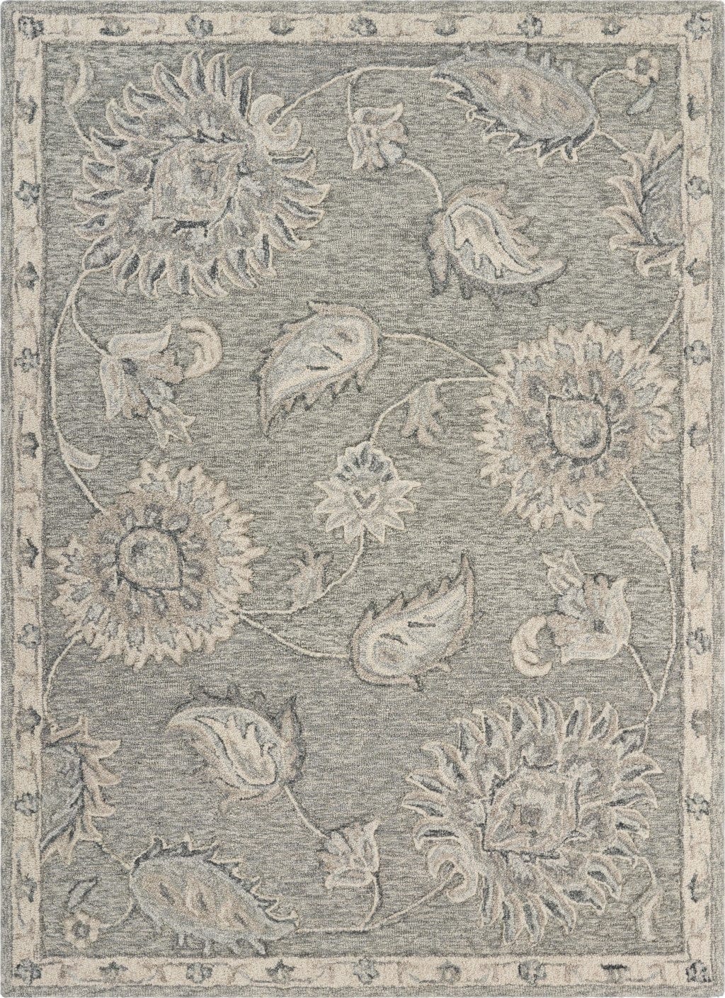 5’ Round Light Gray Floral Area Rug