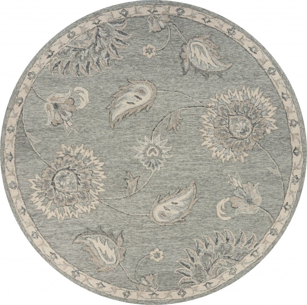 5’ Round Light Gray Floral Area Rug