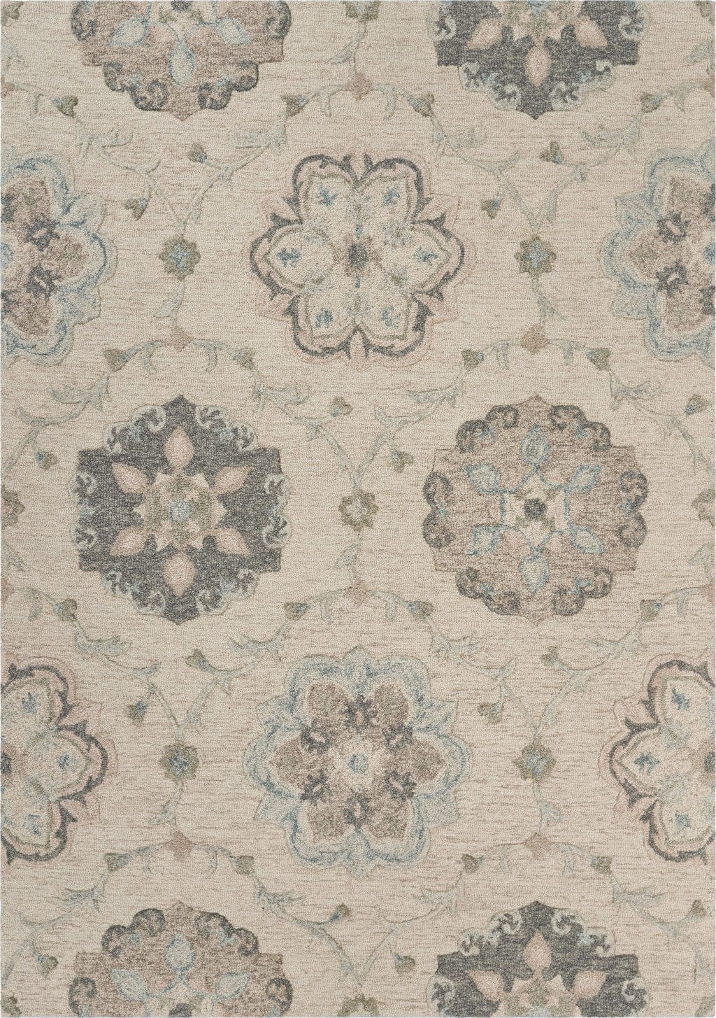 5’ Round Ivory Intricate Floral Area Rug