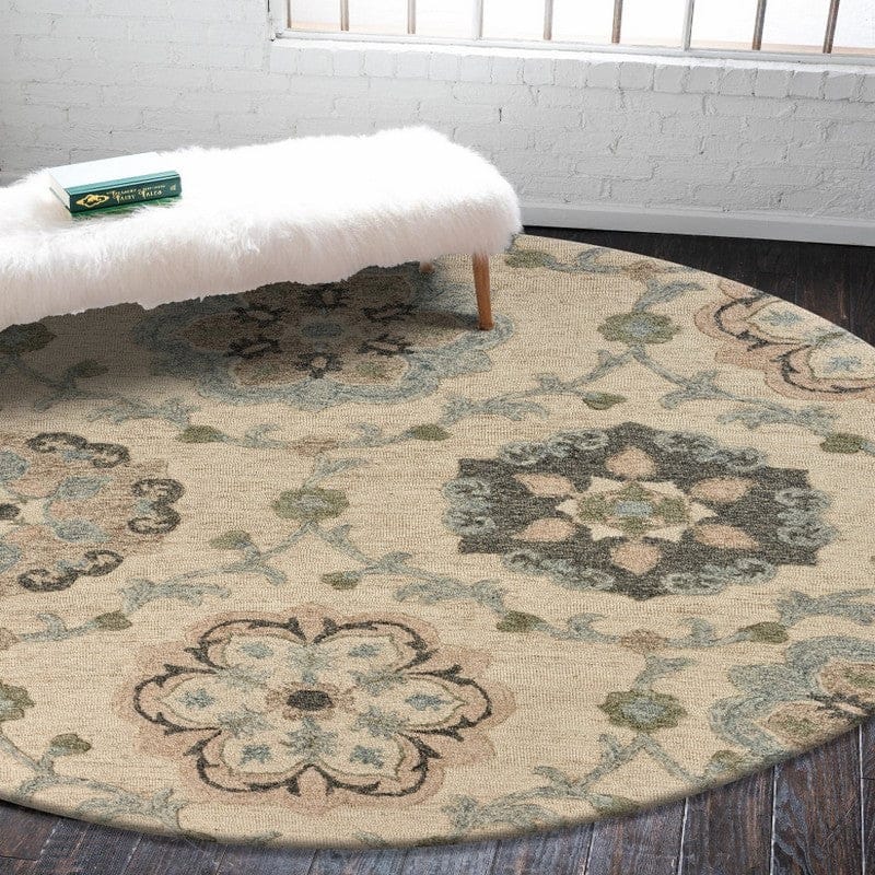 5’ Round Ivory Intricate Floral Area Rug