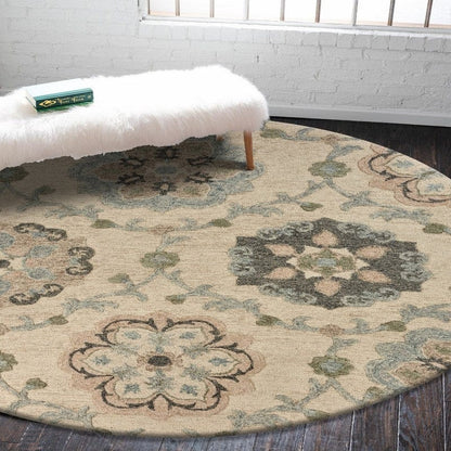 5’ Round Ivory Intricate Floral Area Rug