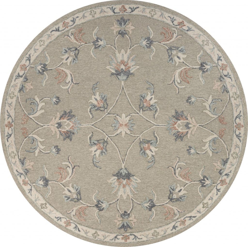 5’ Round Sage and Cream Filigree Area Rug