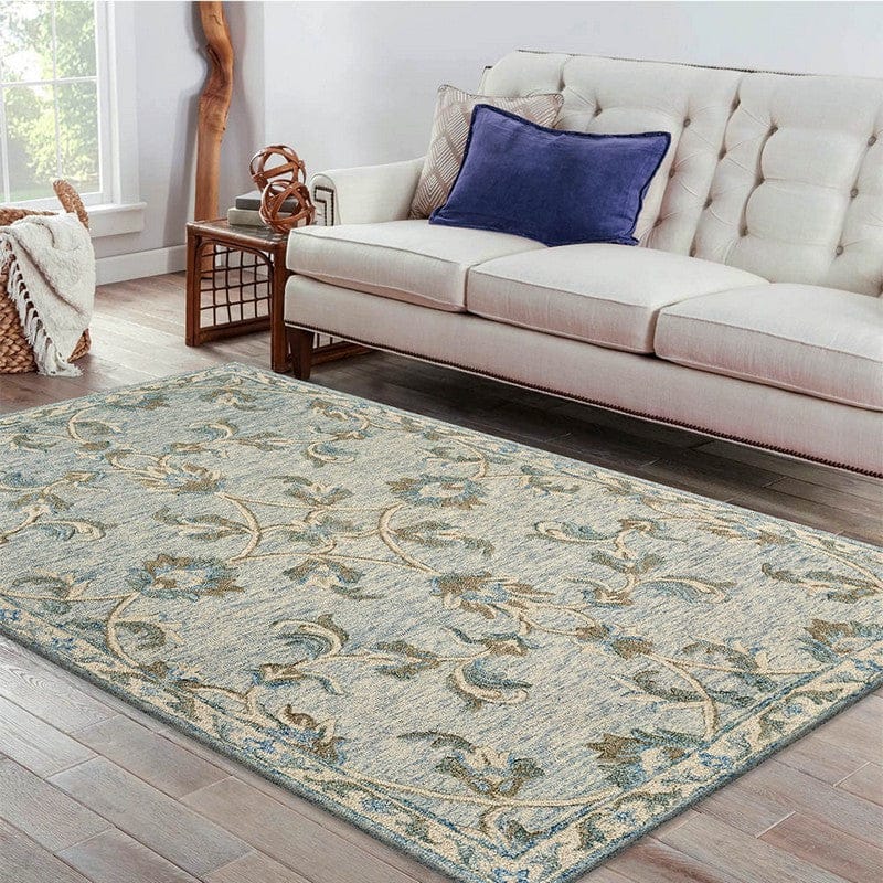 5’ Round Blue and Cream Filigree Area Rug