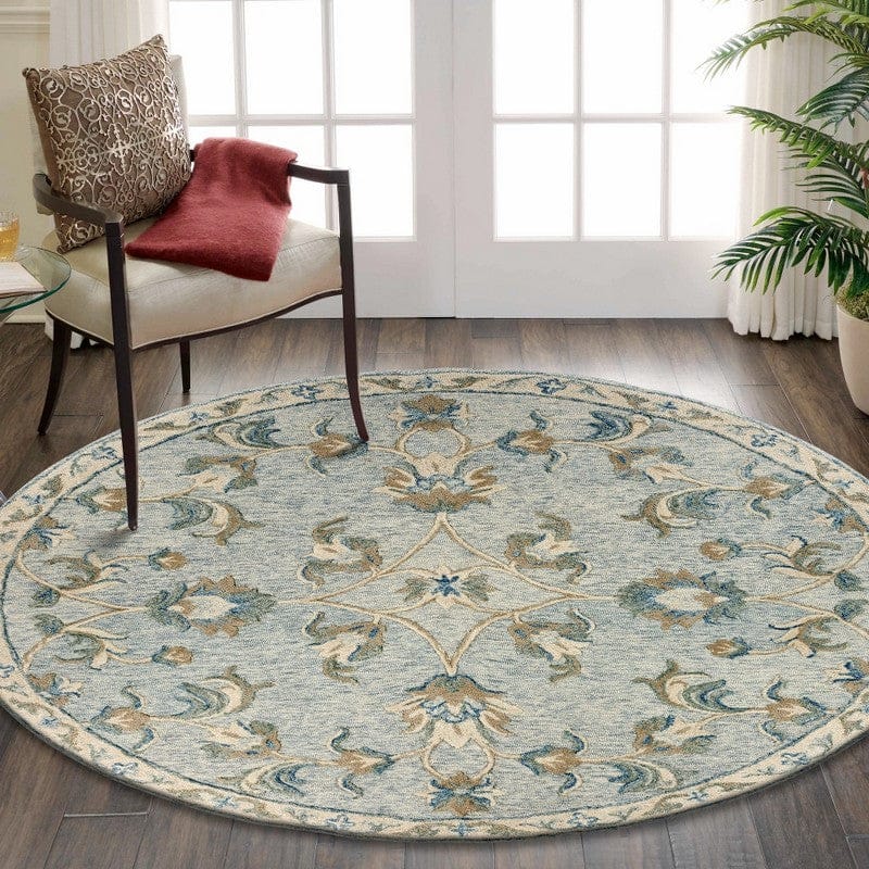 5’ Round Blue and Cream Filigree Area Rug