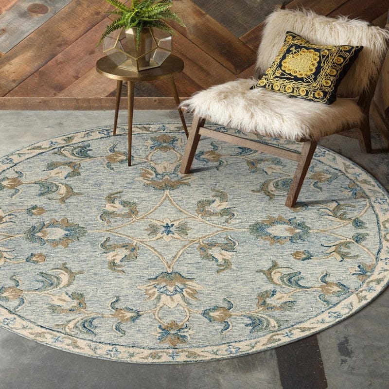 5’ Round Blue and Cream Filigree Area Rug