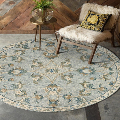 5’ Round Blue and Cream Filigree Area Rug