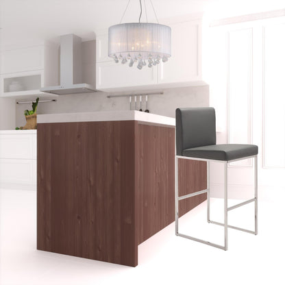 43" Gray Faux Leather And Chrome Low Back Bar Height Chair With Footrest