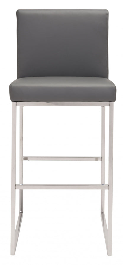 43" Gray Faux Leather And Chrome Low Back Bar Height Chair With Footrest